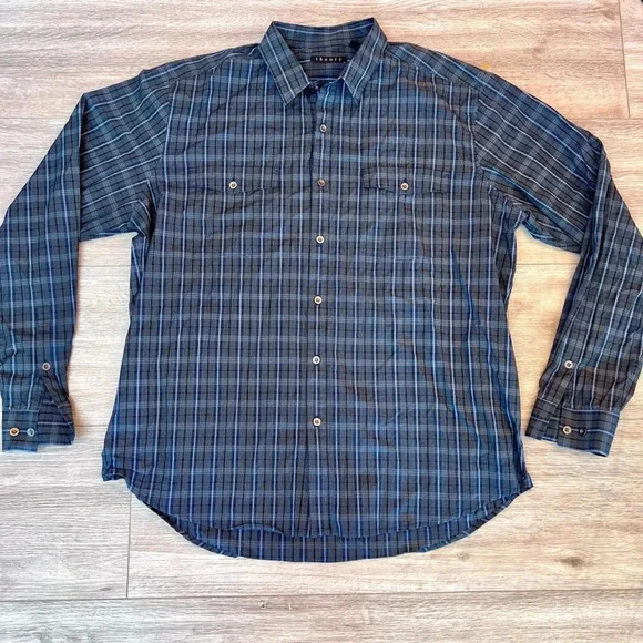 Theory Men's Blue Plaid Chest Flap Pocket Long Sleeve Button Down Shirt Size XXL - Picture 1 of 5